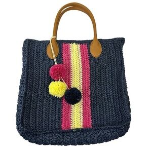 NEW Talbots Navy Stripe Straw Raffia Summer Large Tote Bag